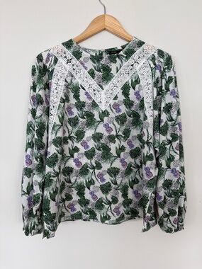 Maje Linen Blend Top with Green and Purple Floral with Lace Trim Size Large